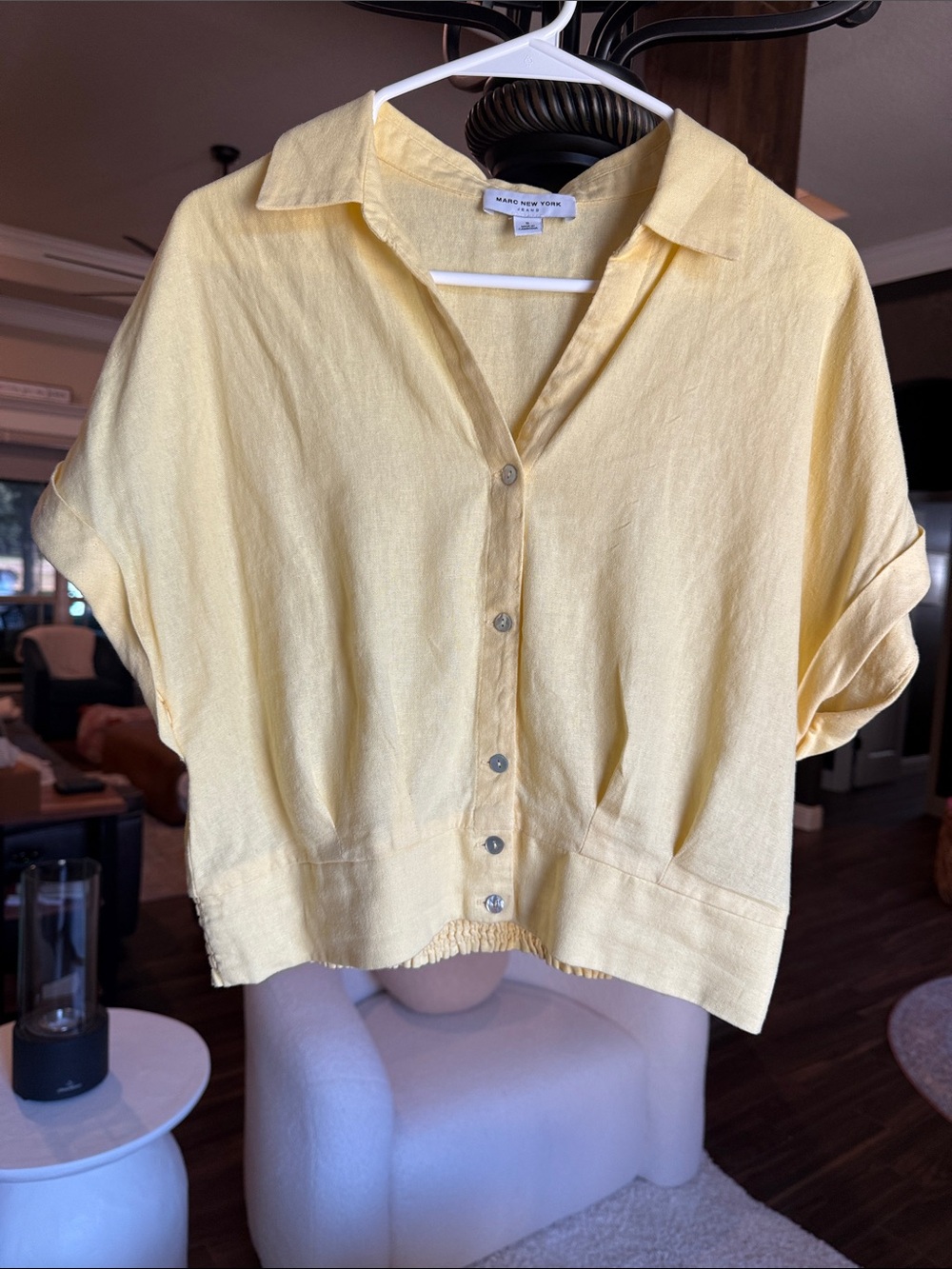 Marc New York Lemon Yellow Linen Blend Button-Front Short Sleeve Shirt